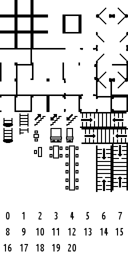 A collection of tiles for use in a game designer. They're plain black line art on a 32px grid without much in the way of adornment.