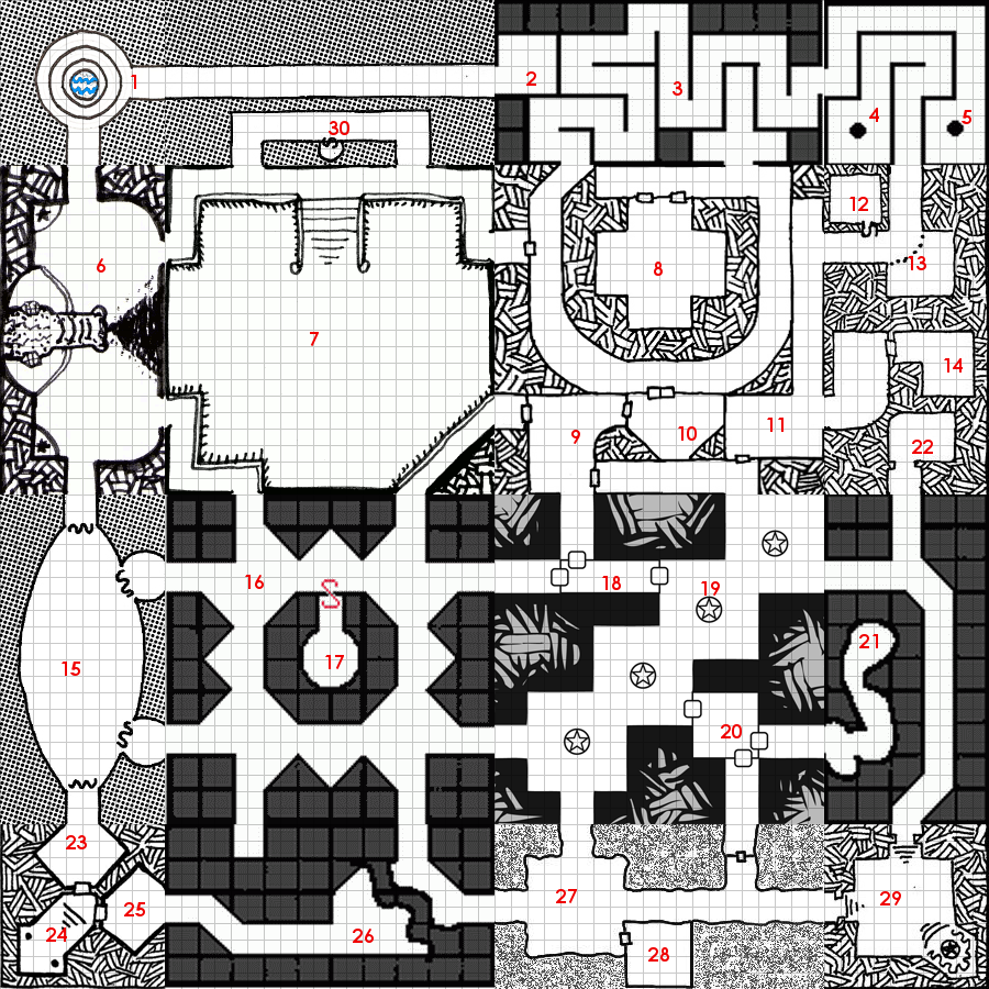A map of the catacombs of the cold legion, with rooms numbered.